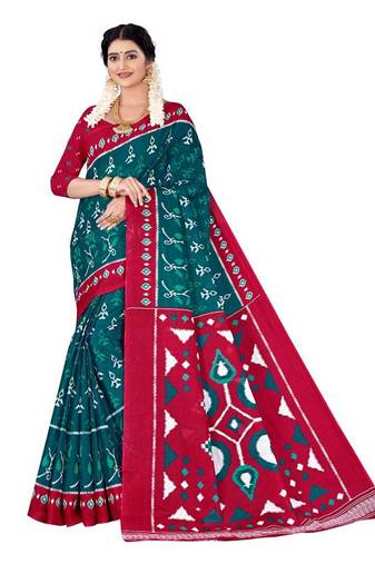 Teal Colour Cotton Silk Bagru Print Saree