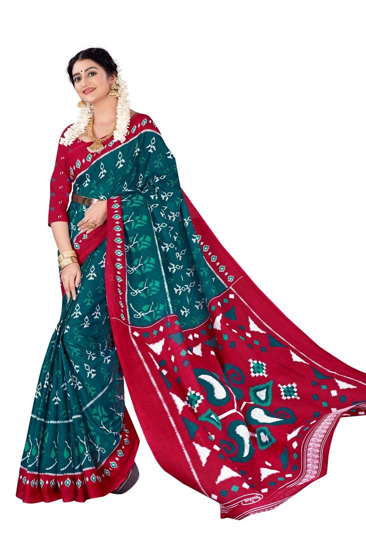 Teal Colour Cotton Silk Bagru Print Saree