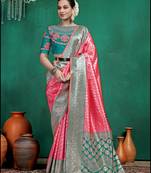 peach woven banarasi silk blend saree with blouse piece