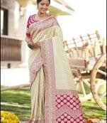 White woven banarasi silk blend saree with blouse piece