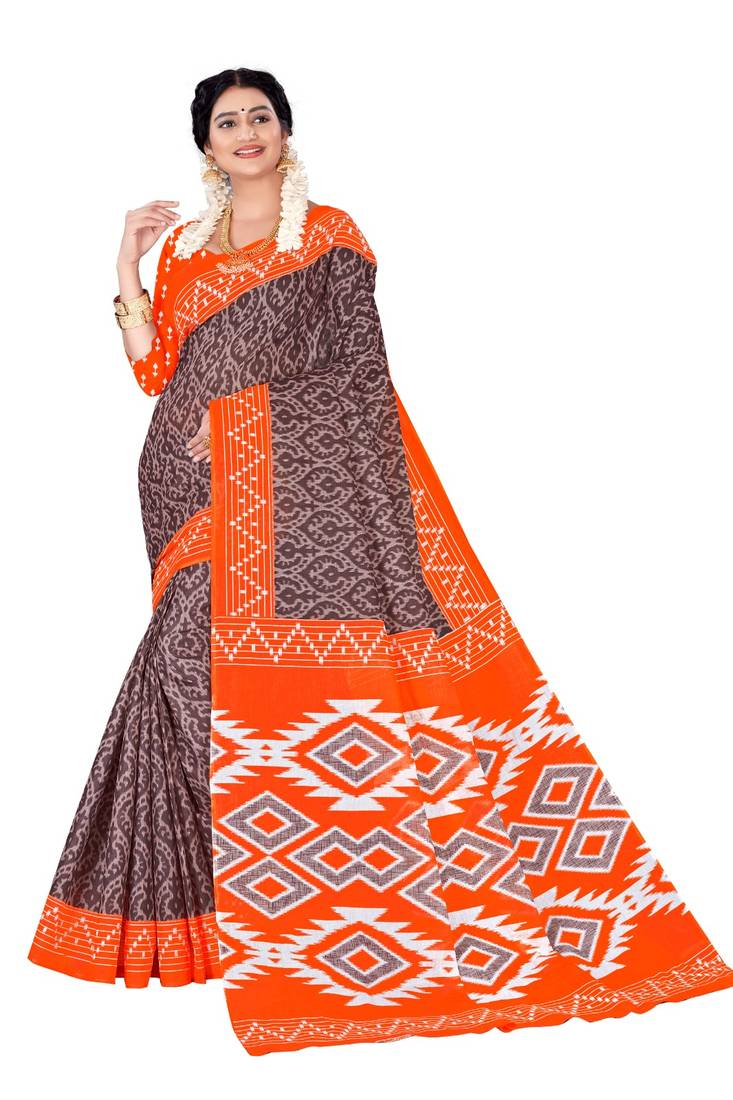 Coffee Colour Cotton Silk Bagru Print Saree