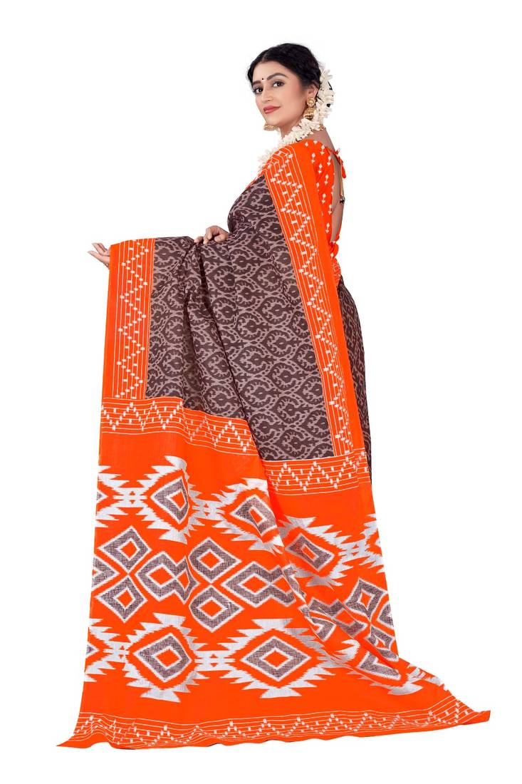 Coffee Colour Cotton Silk Bagru Print Saree