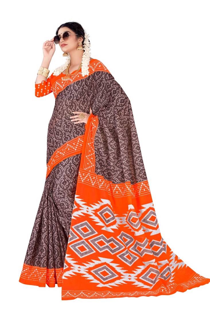 Coffee Colour Cotton Silk Bagru Print Saree
