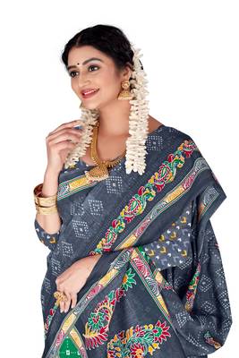 Grey Colour Cotton Silk Bagru Print Saree 1