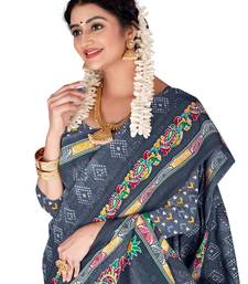 Grey Colour Cotton Silk Bagru Print Saree