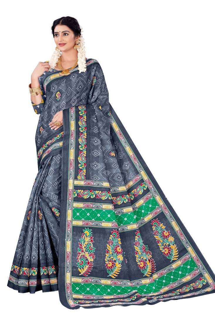 Grey Colour Cotton Silk Bagru Print Saree