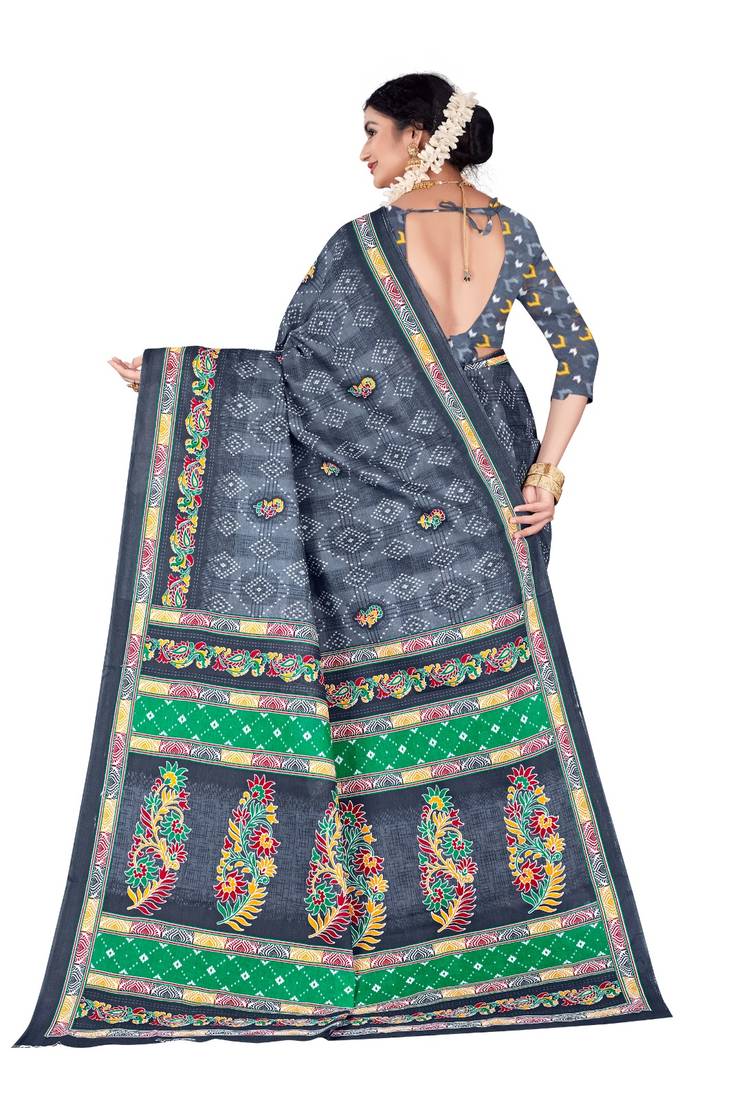 Grey Colour Cotton Silk Bagru Print Saree