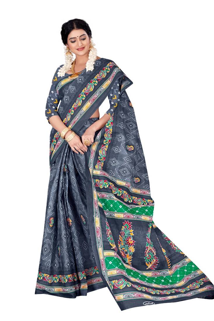 Grey Colour Cotton Silk Bagru Print Saree