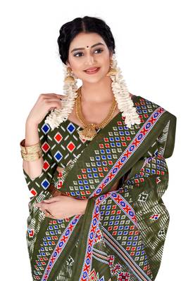 Mehendi Colour Cotton Silk Bagru Print Saree 1