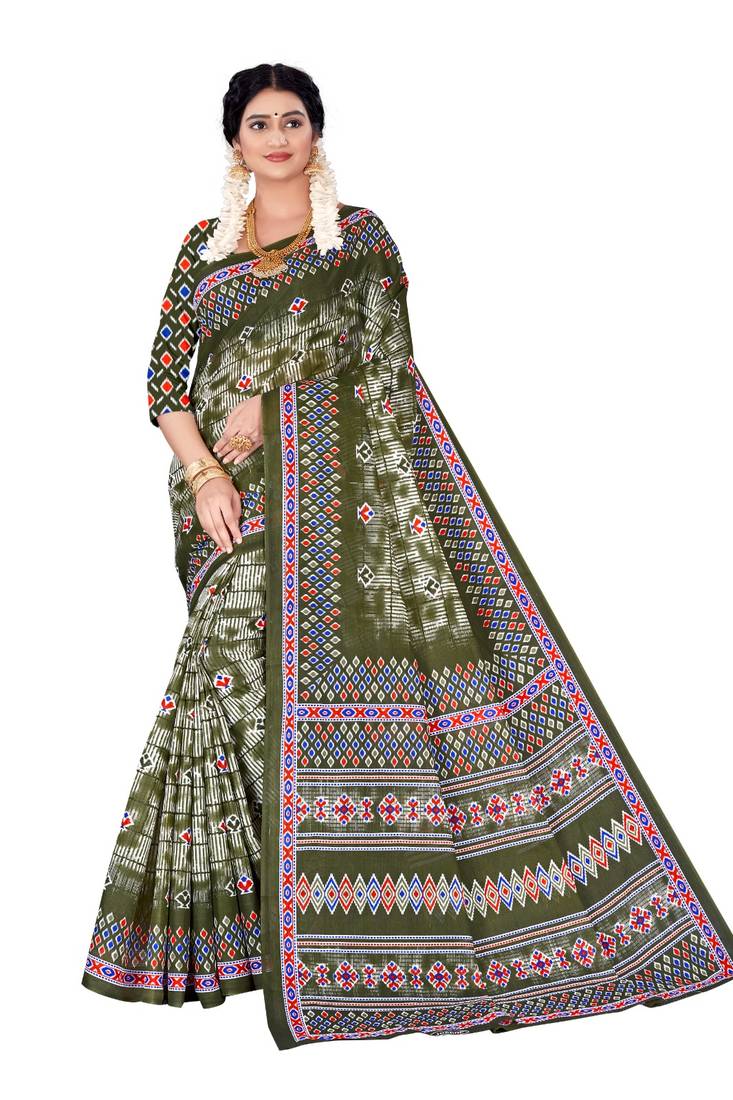 Mehendi Colour Cotton Silk Bagru Print Saree