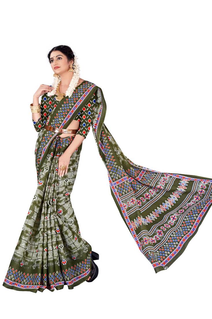 Mehendi Colour Cotton Silk Bagru Print Saree