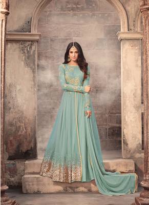 Powder Blue Net Anarkali Suit with Sequin and Thread Embroidery 1