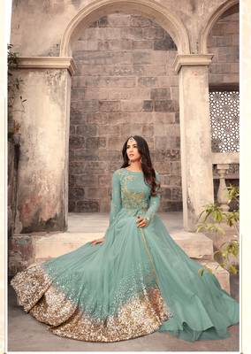 Powder Blue Net Anarkali Suit with Sequin and Thread Embroidery 3