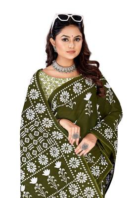 Olive Colour Cotton Silk Bagru Print Saree 1