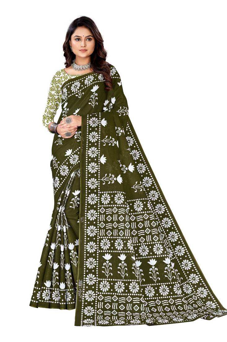 Olive Colour Cotton Silk Bagru Print Saree