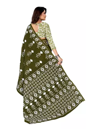 Olive Colour Cotton Silk Bagru Print Saree