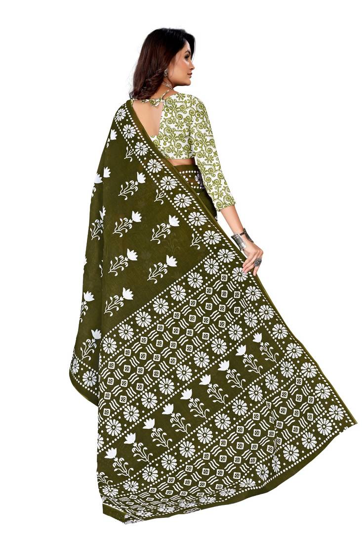 Olive Colour Cotton Silk Bagru Print Saree