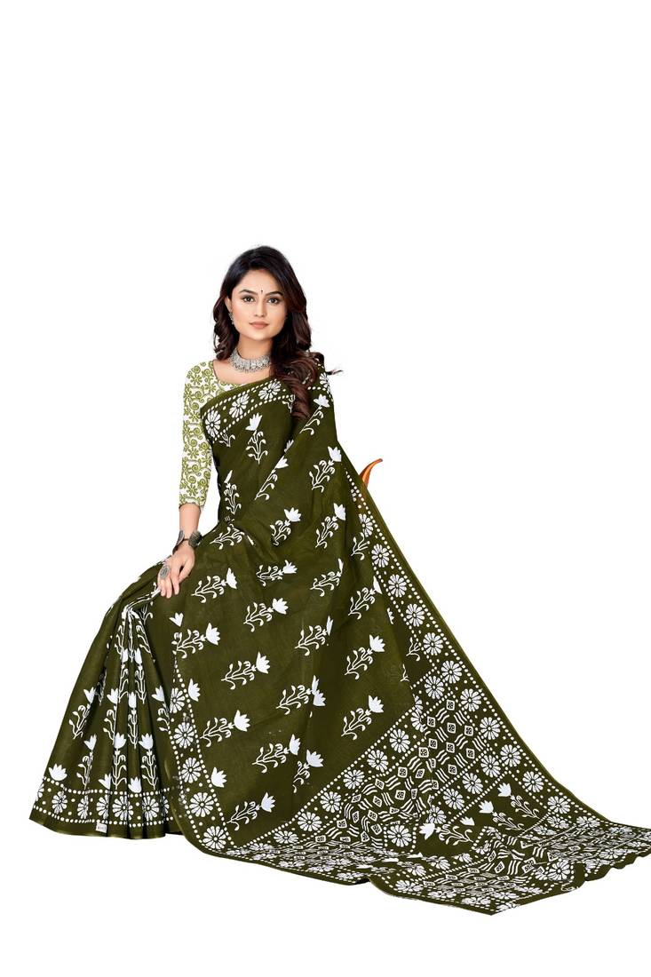 Olive Colour Cotton Silk Bagru Print Saree