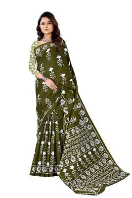 Olive Colour Cotton Silk Bagru Print Saree 5
