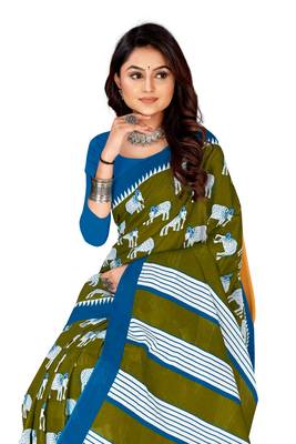 Olive Colour Cotton Silk Bagru Print Saree 1