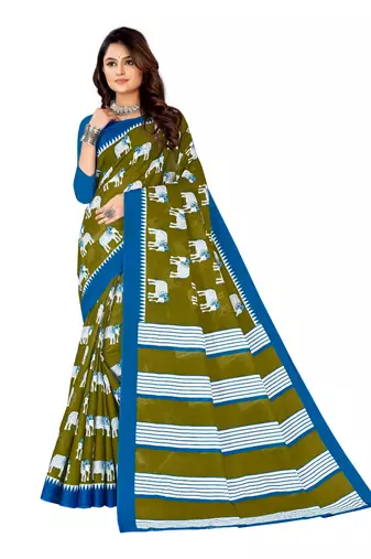 Olive Colour Cotton Silk Bagru Print Saree