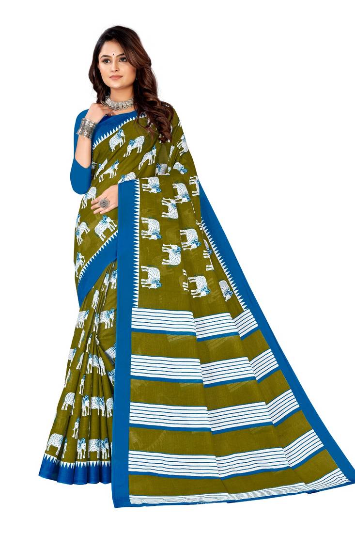 Olive Colour Cotton Silk Bagru Print Saree