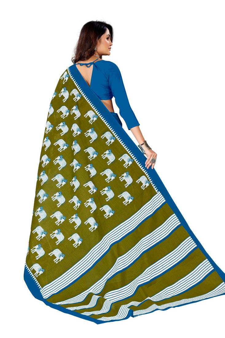 Olive Colour Cotton Silk Bagru Print Saree