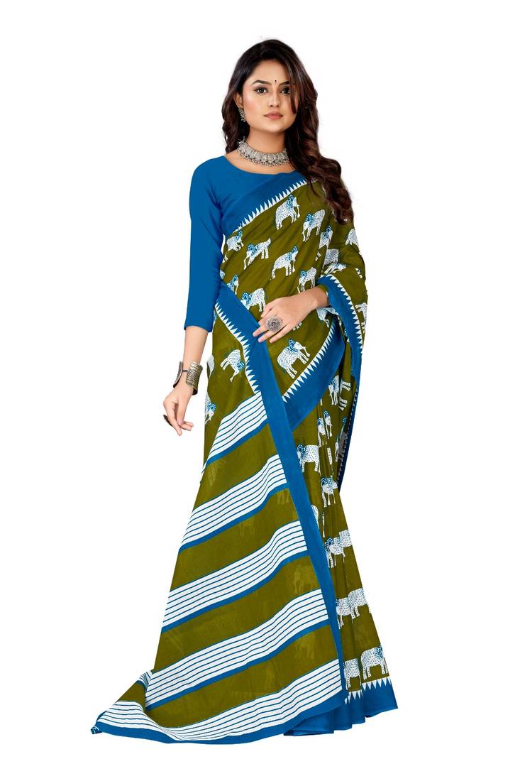 Olive Colour Cotton Silk Bagru Print Saree