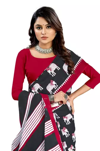 Black Colour Cotton Silk Bagru Print Saree