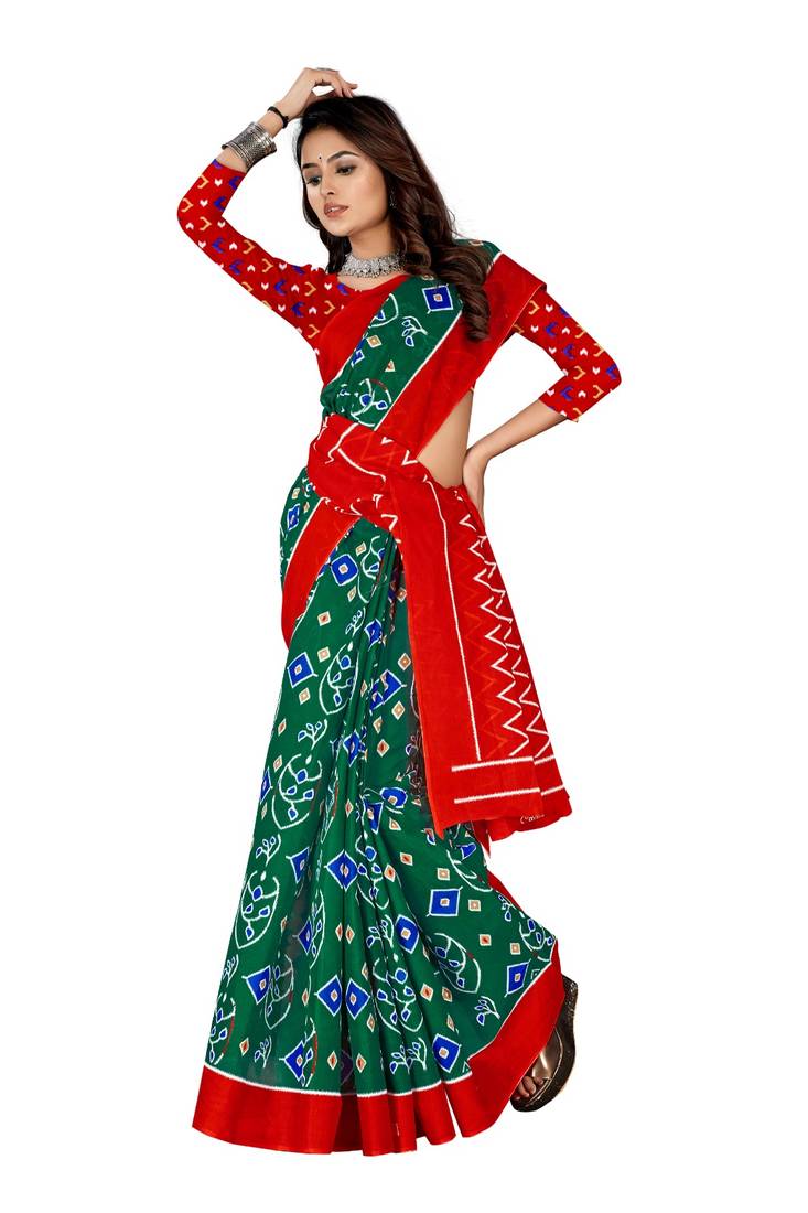 Green Colour Cotton Silk Bagru Print Saree