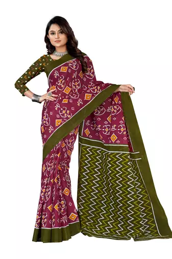 Maroon Colour Cotton Silk Bagru Print Saree