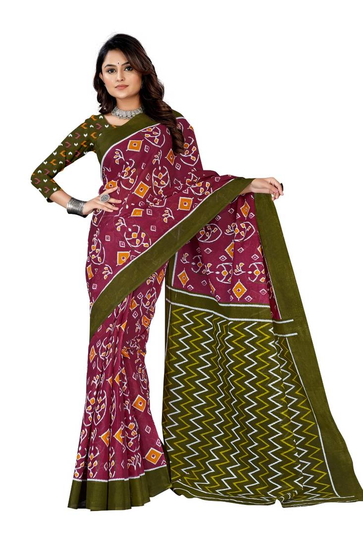 Maroon Colour Cotton Silk Bagru Print Saree