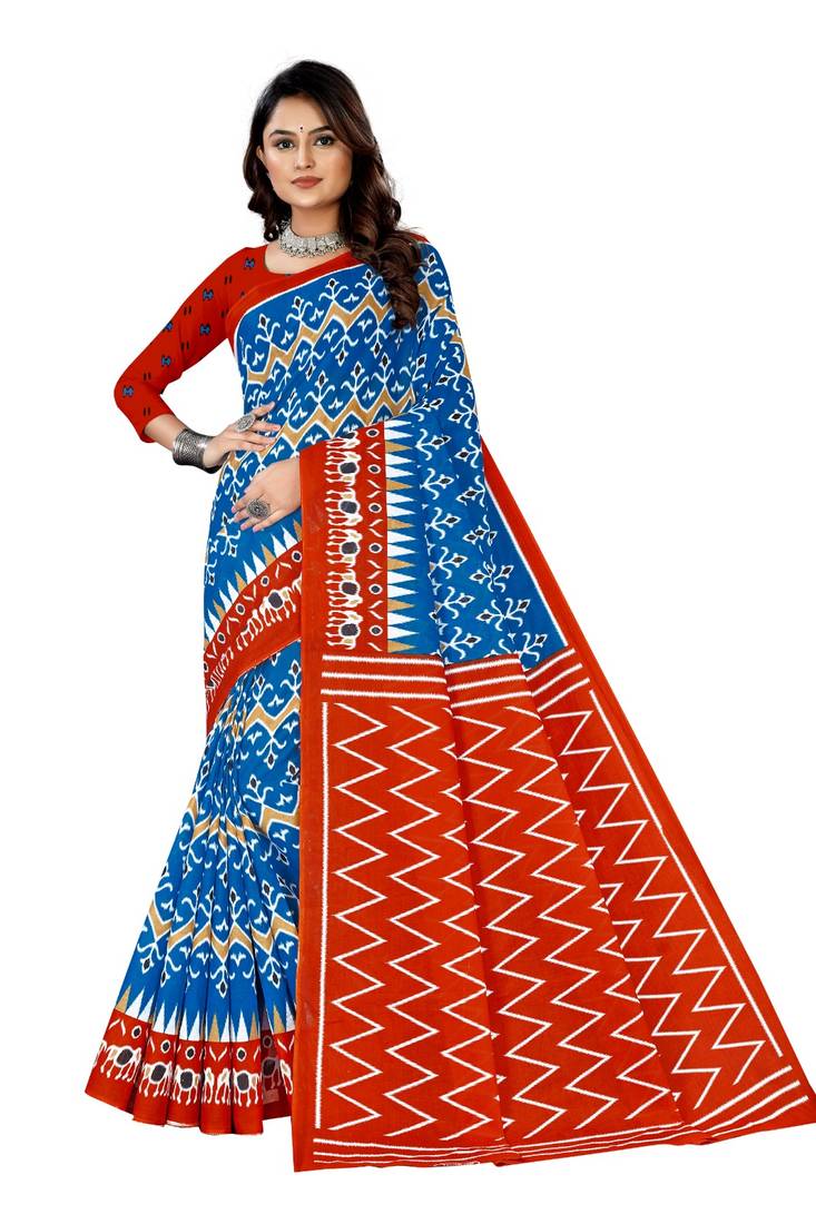 Blue Colour Cotton Silk Bagru Print Saree