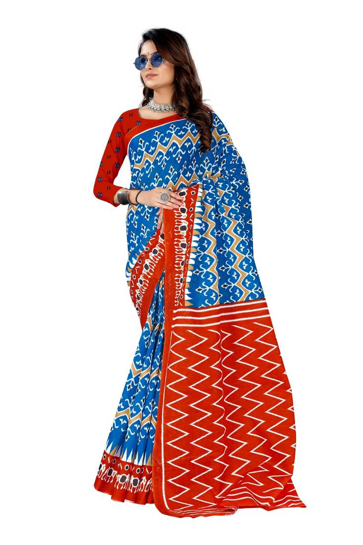 Blue Colour Cotton Silk Bagru Print Saree