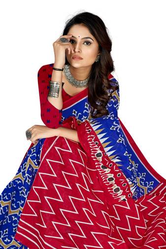 Dark-Blue Colour Cotton Silk Bagru Print Saree