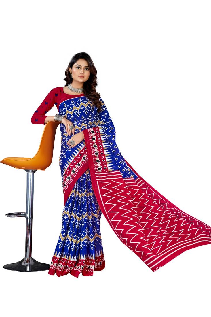 Dark-Blue Colour Cotton Silk Bagru Print Saree