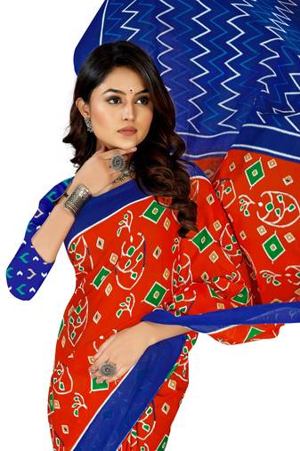 Red Colour Cotton Silk Bagru Print Saree