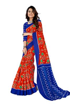 Red Colour Cotton Silk Bagru Print Saree 5