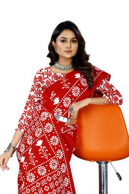 Red Colour Cotton Silk Bagru Print Saree 1