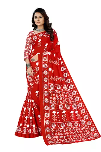 Red Colour Cotton Silk Bagru Print Saree
