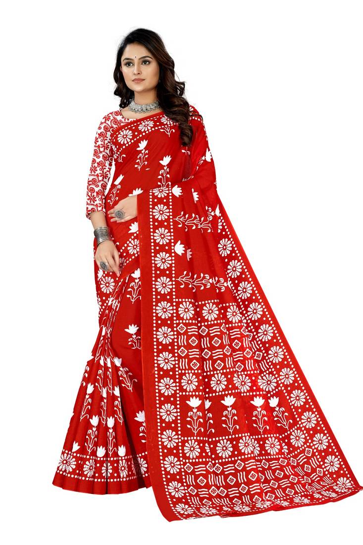 Red Colour Cotton Silk Bagru Print Saree