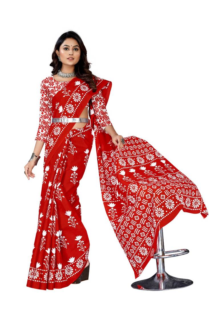 Red Colour Cotton Silk Bagru Print Saree