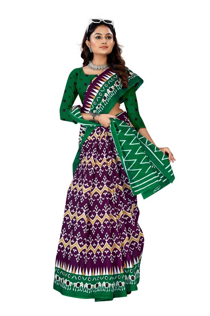 Purple Colour Cotton Silk Bagru Print Saree