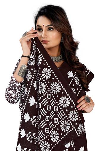 Dark Brown Colour Cotton Silk Bagru Print Saree