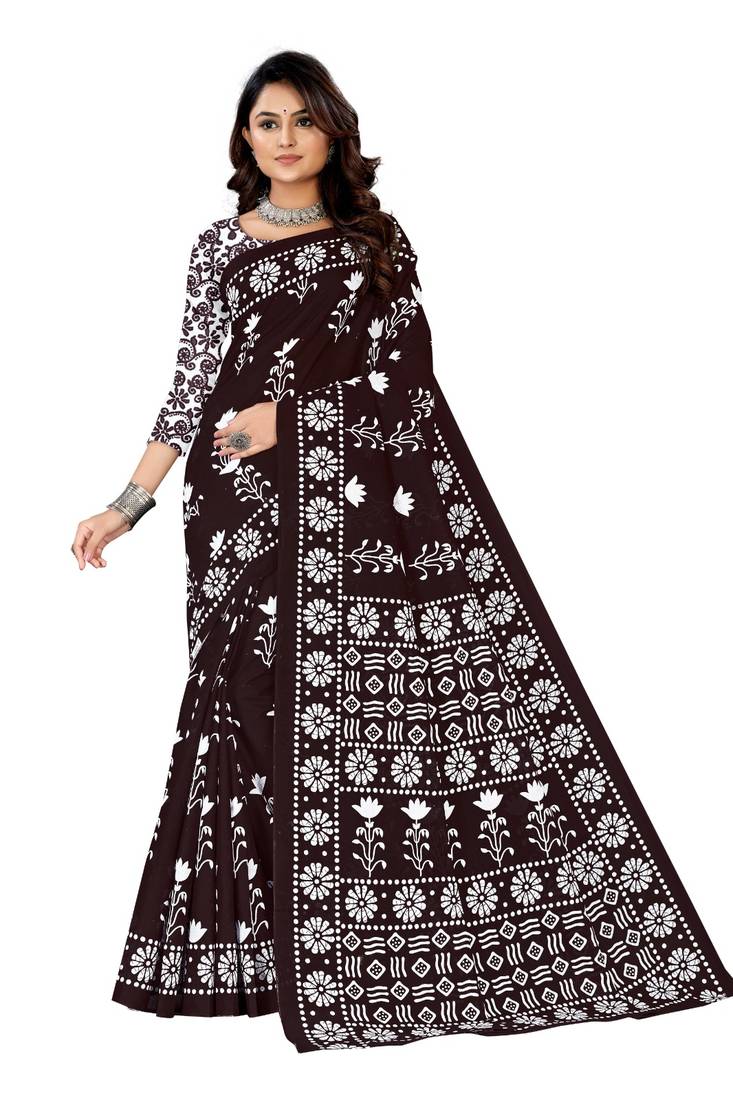 Dark Brown Colour Cotton Silk Bagru Print Saree