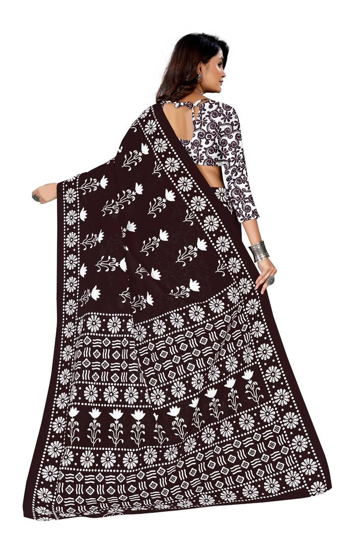 Dark Brown Colour Cotton Silk Bagru Print Saree