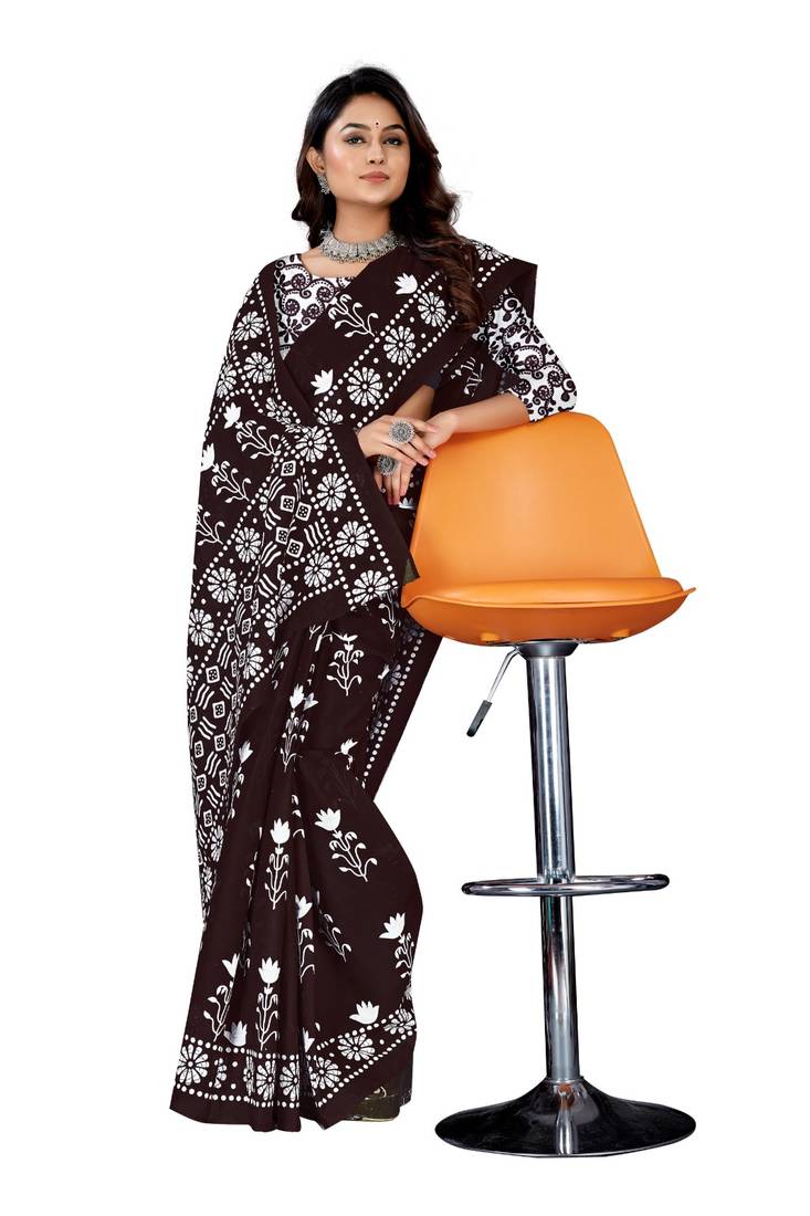 Dark Brown Colour Cotton Silk Bagru Print Saree