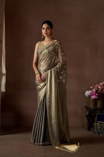 Designer grey hand work zarkan butta work silk saree