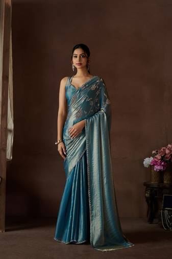 Designer blue hand work zarkan butta work silk saree