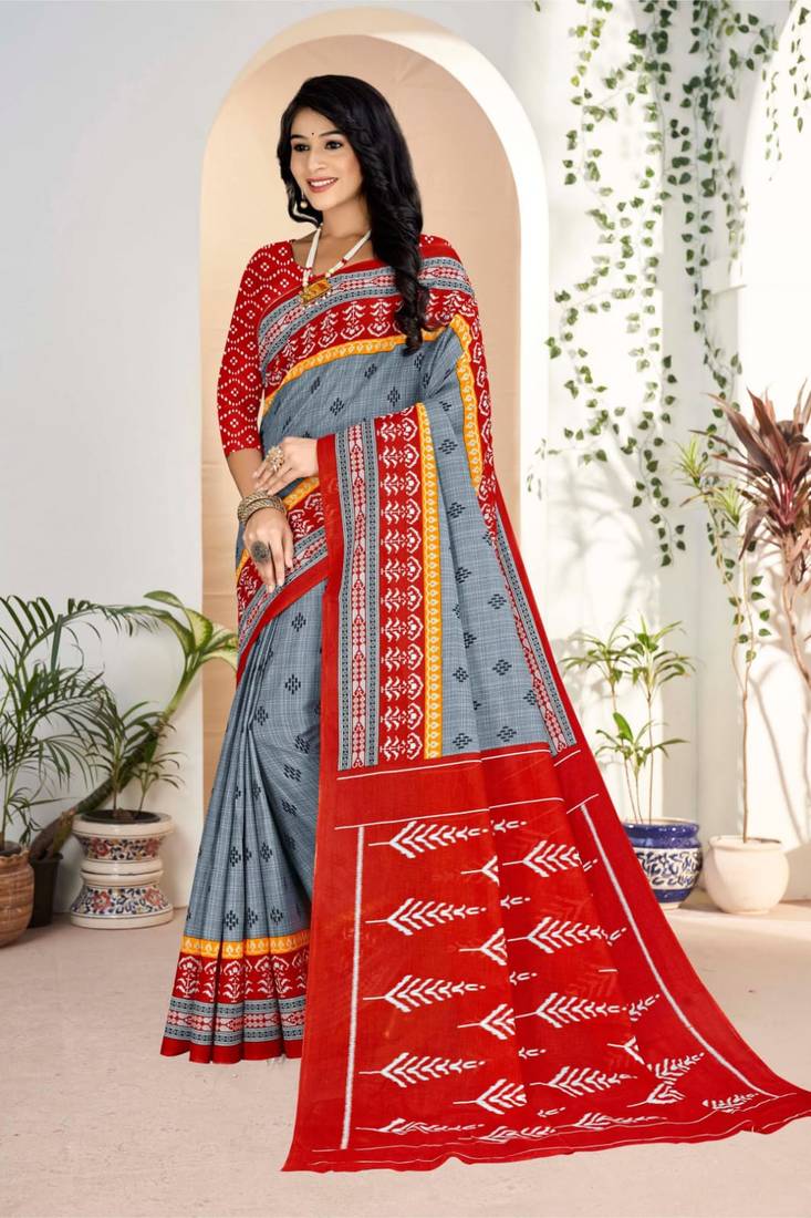Grey Colour Soft Cotton Block Print Saree